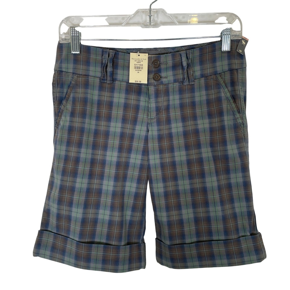 Abercrombie & Fitch Y2K Authentic Shorts Plaid Bermuda Blue Green Vintage NWT 00